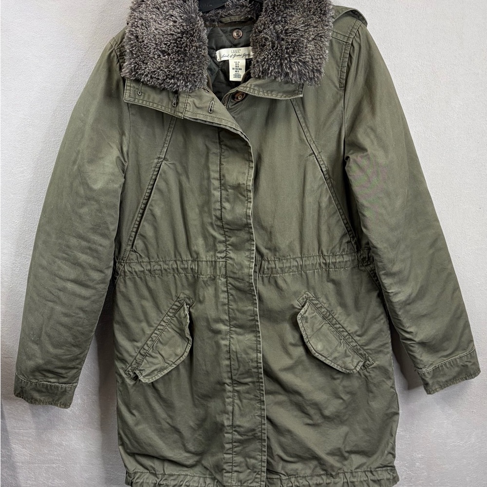 H&M LOGG Olive Green Parka Jacket Faux Fur Hood Military Style Coat